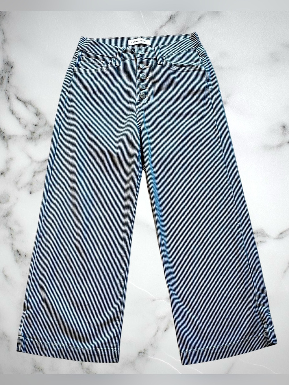 Flying Monkey Blue Striped Wide Leg Crop Jeans 25 High rise Button fly Y2917